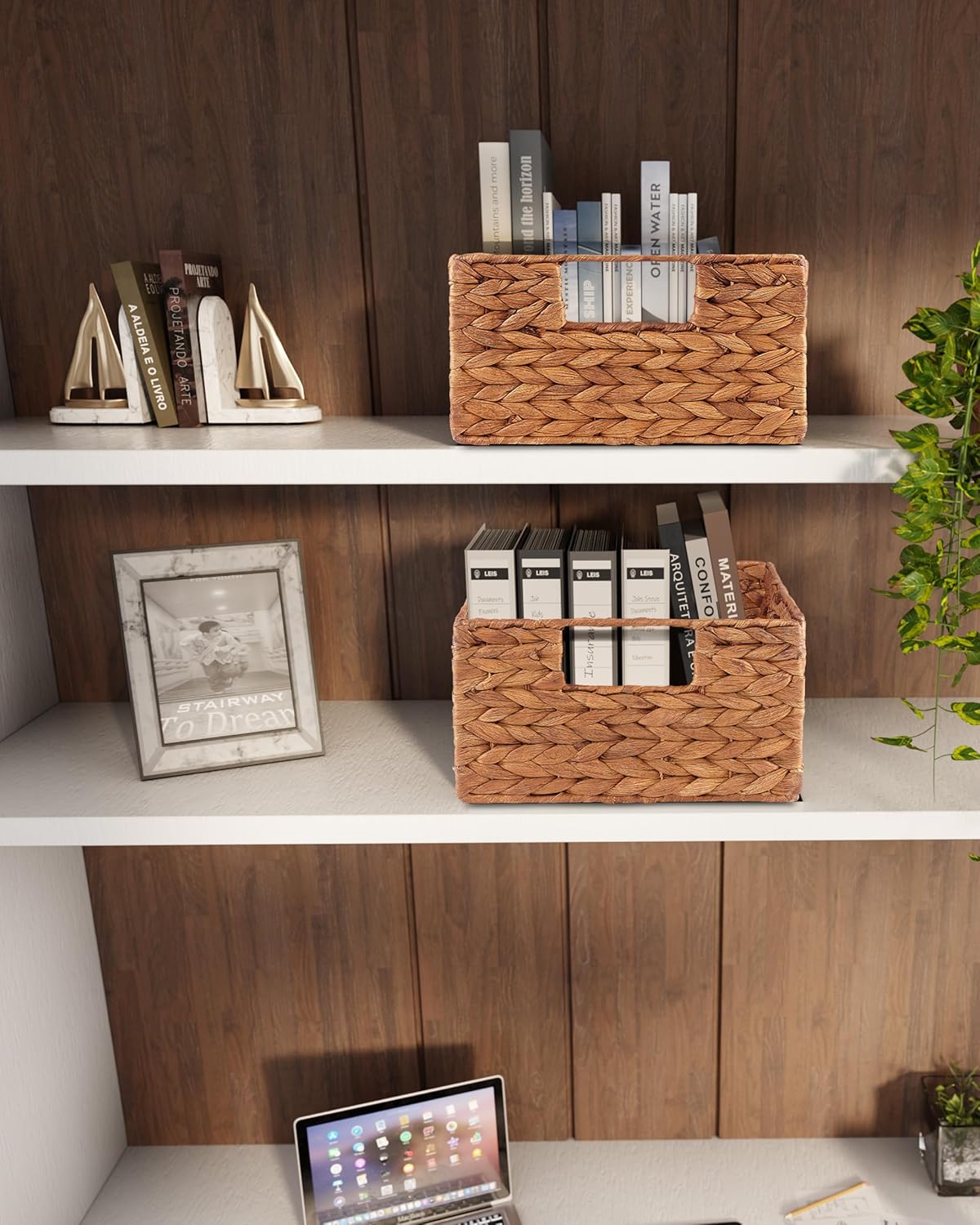 BLUEWEST Wicker Storage Baskets Pack 6, Woven Baskets for Storage, Laundry Water Hyacinth Basket for Organizing with Carrying Handles, Rattan Baskets (Brown, Rectangular)