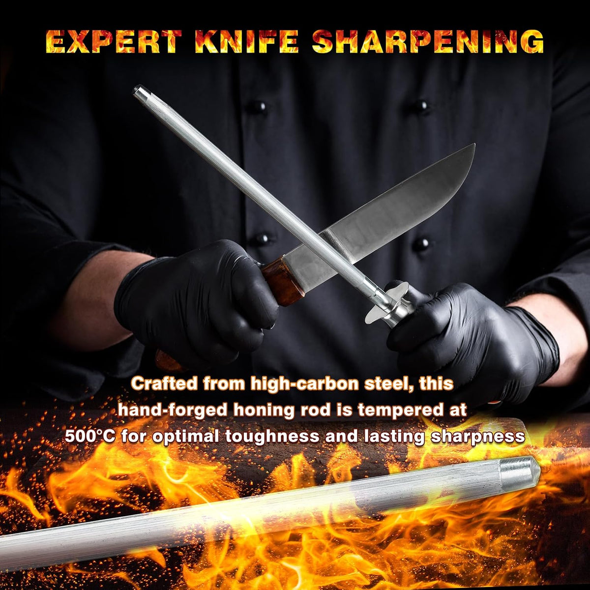 Knife Sharpener Rod, Kitchen Knives Sharpener Carbon Steel Professional Knife Sharpening Steel, Honing Rod with Hanging Holes (13 inches), G