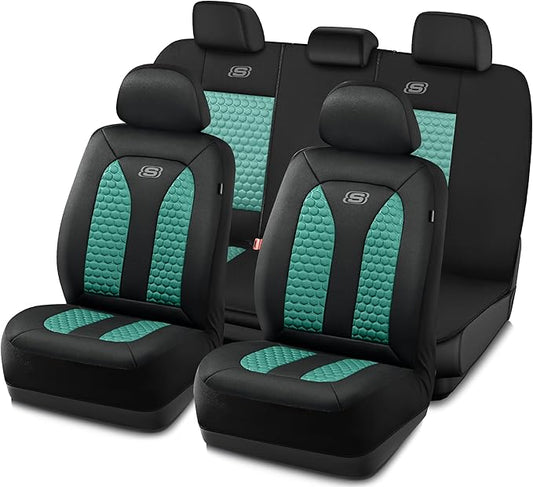 Skechers Memory Foam™ Car Seat Cover Full Sets, Hexcomb Breathable Thick Seat Covers, Airbag Compatible, Automotive Comfort & Protection for Most Cars,Van,Trucks, SUVs (Green,Full Set)