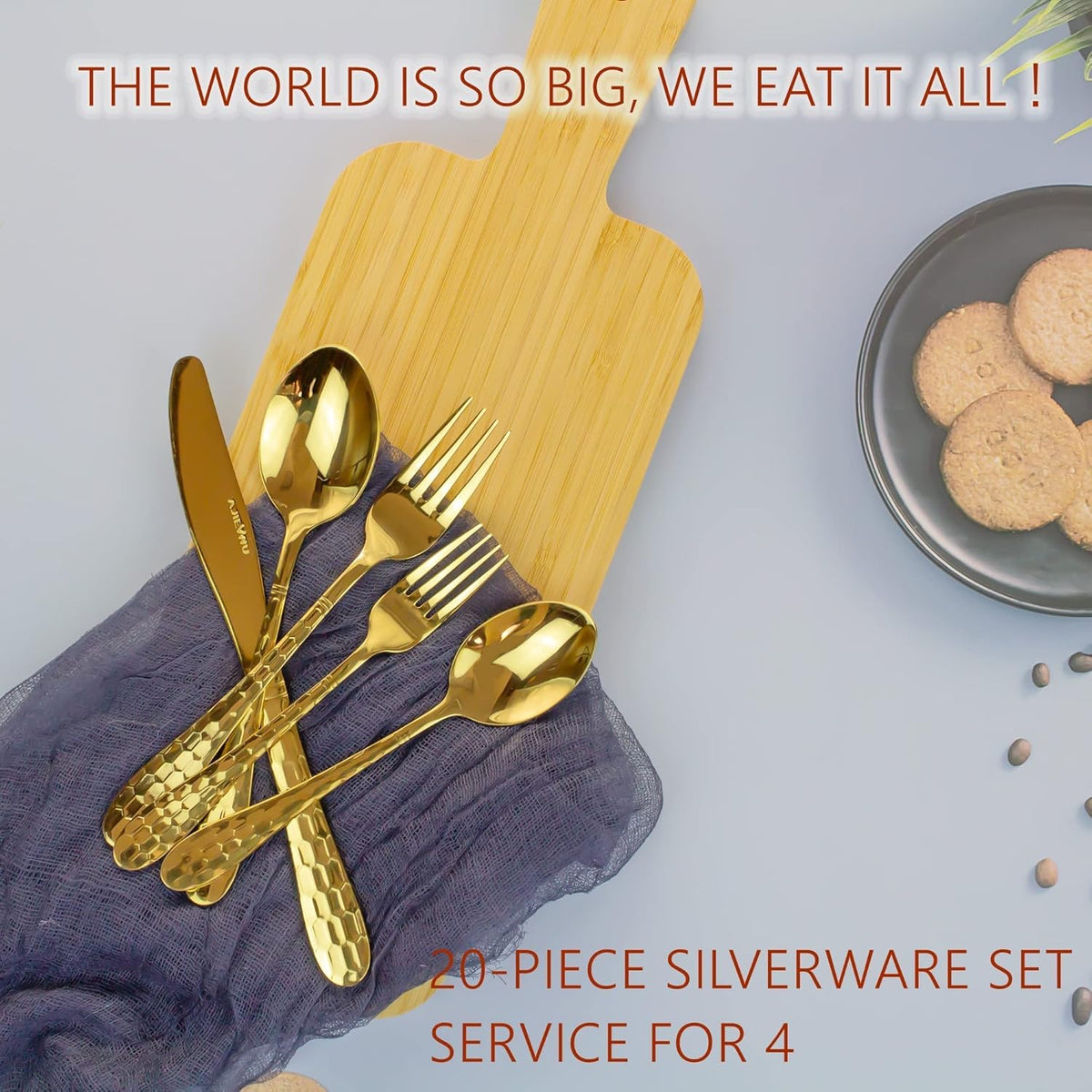 20 Piece Silverware Set for 4, Hammered Silverware Set 18/10 Stainless Steel Tableware Cutlery Flatware Spoons and Forks Set for Home Kitchen Restaurant, Unique Utensils Set Dishwasher Safe (Gold)
