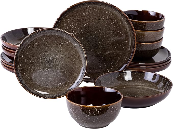 Gibson Elite Edwina 16-Piece Double Bowl Dinnerware Set, Service for 4 – Dark Green Stoneware Plates and Bowls