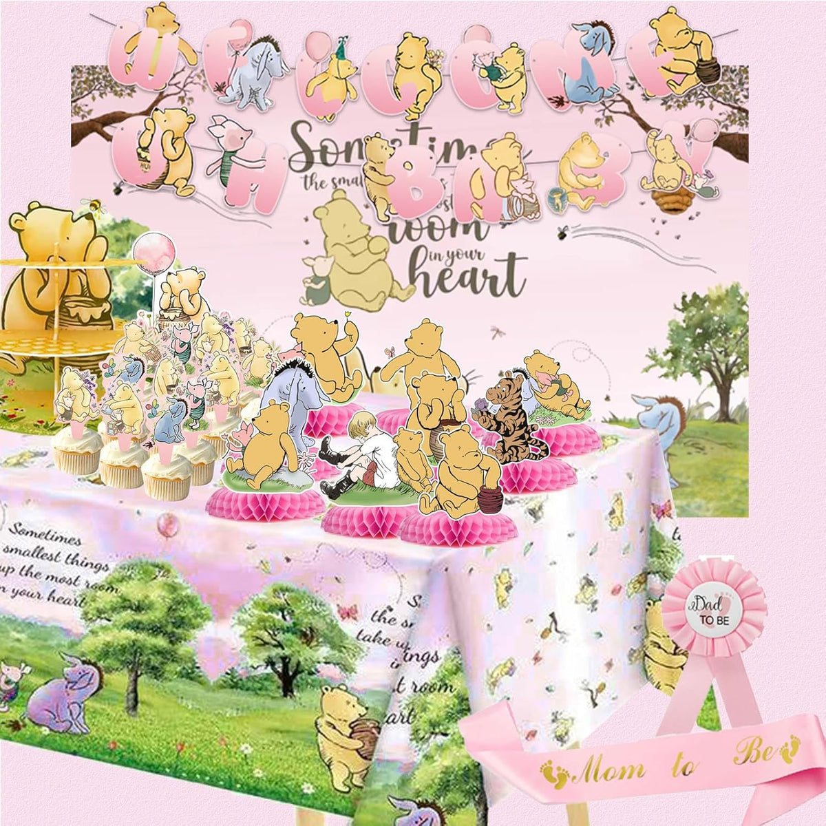 Pink Classic Winnie Baby Shower Decorations Kit, All-in-1 Vintage Winnie Party Supplies Decorations, Classic The Pooh Backdrop Cake Topper, Winnie Baby Tablecloth Honeycomb Decorations for Baby Shower