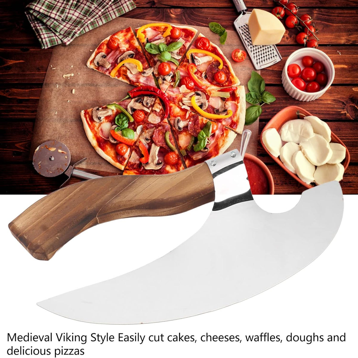 Handmade Viking Steel Pizza Axe, Camping Knives Tools Pizza Cutter with Pine Wood Handle, Handmade Stainless Steel Authentic Medieval Pizza Cutter for Home Restaurant Bar