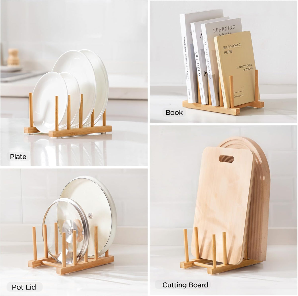 Bamboo Dish Drying Rack for Kitchen Counter and Cabinet, Dish/Book/Plate/Bowl/Cup/Cutting Board/Pot Lid Organizer for Kitchen, Living Room, Study, Display Cabinet (4 Slots)
