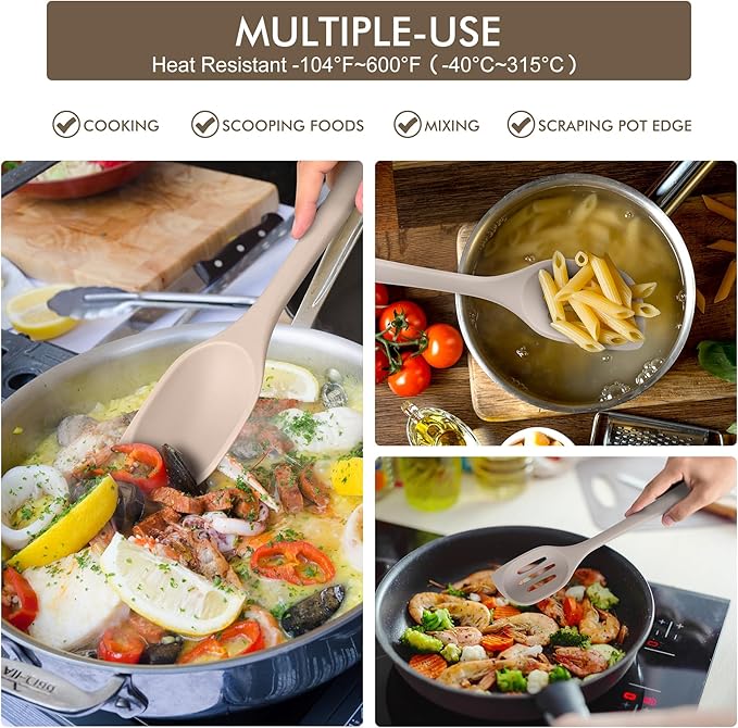 HOTEC Heat Resistant Silicone Cooking Spoon Spatula, Large Kitchen Solid and Slotted Spoons for Mixing, Serving, Scraping, Non-stick, Dishwasher Safe Khaki 12.5inch