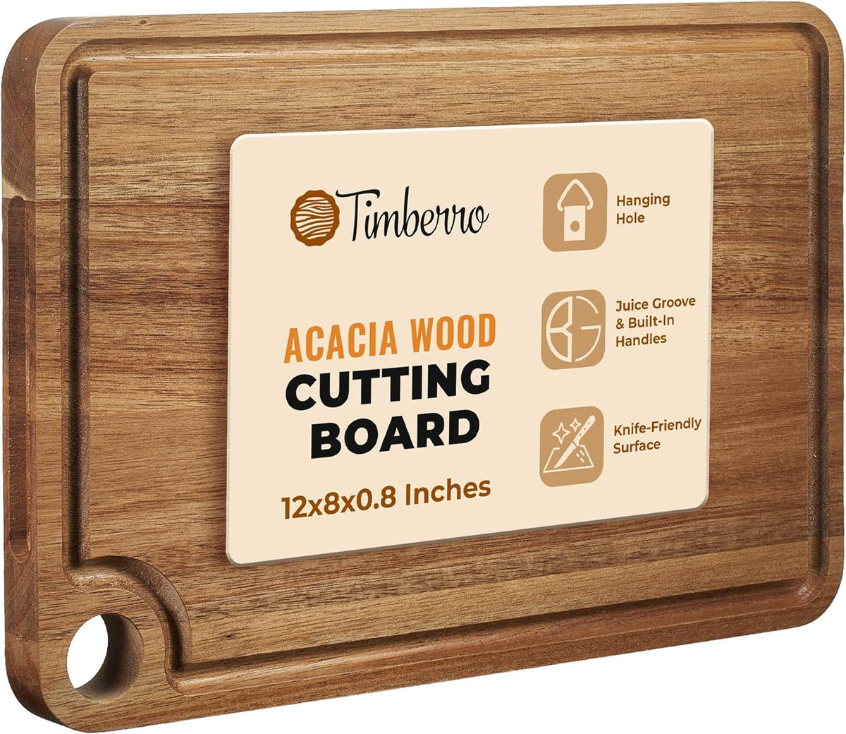 Acacia Wood Cutting Board (12x8x0.8 In.) - Small Wooden Boards with Handle and Juice Groove for Kitchen, Solid Mini Real Hardwood Hanging Chopping Boardsmith Butcher Block for BBQ