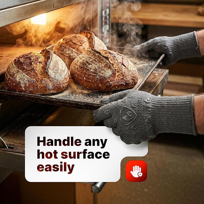Oven Gloves with Fingers - 932°F Extreme Heat Proof and Cut Resistant Mitts for Kitchen, BBQ, Grill, Baking, Fire Pit - EN407 Certified with Non-Slip Silicone Grip and Cotton Lined for Comfort