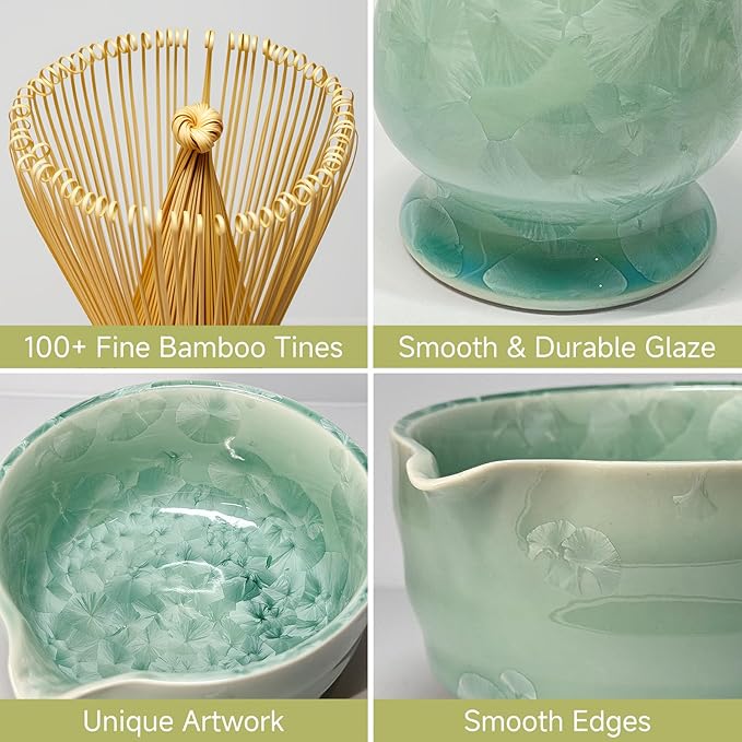 Matcha Whisk Set with Ceramic Bowl - Bamboo Whisk (Chasen), Scoop, Sifter & Holder - Complete Kit for Traditional Matcha Tea - Unique Gifts for Women, Men, Tea Lovers (Matcha Crystal)