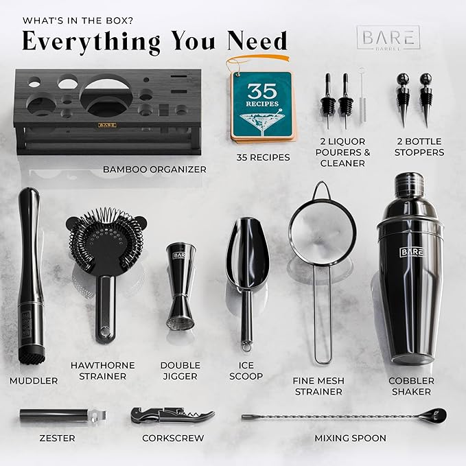 BARE BARREL® Mixology Bartender Kit Bar Set | 16-Piece Cocktail Shaker Set | Martini Barware Mixing Tools for Home Bartending | Incl. 35 Recipe Cards | Gift Set (24oz Cobbler Shaker, Jet Black/Black)