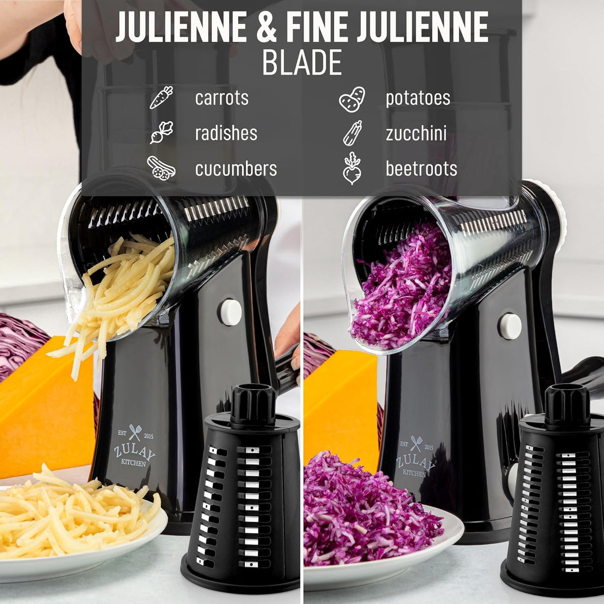 Zulay Kitchen Rotary Cheese Grater 5 Blade Cheese Shredder - Manual Hand Crank Cheese Grater With Reinforced Suction & 5 Interchangeable Drums - Easy to Use, Vegetable Chopper Round Mandoline Slicer