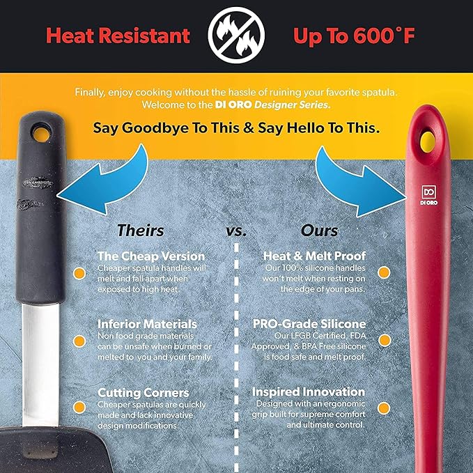 DI ORO Silicone Spoon Spatula - 600°F Heat-Resistant Large Silicone Spoonula Scraper - BPA Free Nonstick Cookware Safe Rubber Kitchen Utensil for Baking, Cooking, & Mixing - Dishwasher Safe (Red)