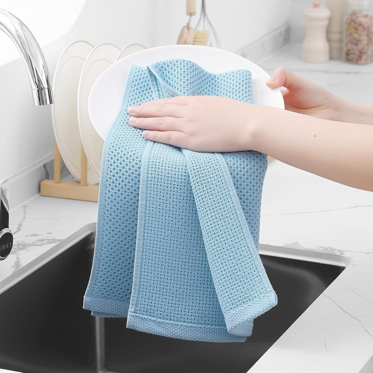 Homaxy 100% Cotton Waffle Weave Kitchen Dish Towels, Ultra Soft Absorbent Quick Drying Cleaning Towel, 13 x 28 Inches, 6-Pack, Sky Blue