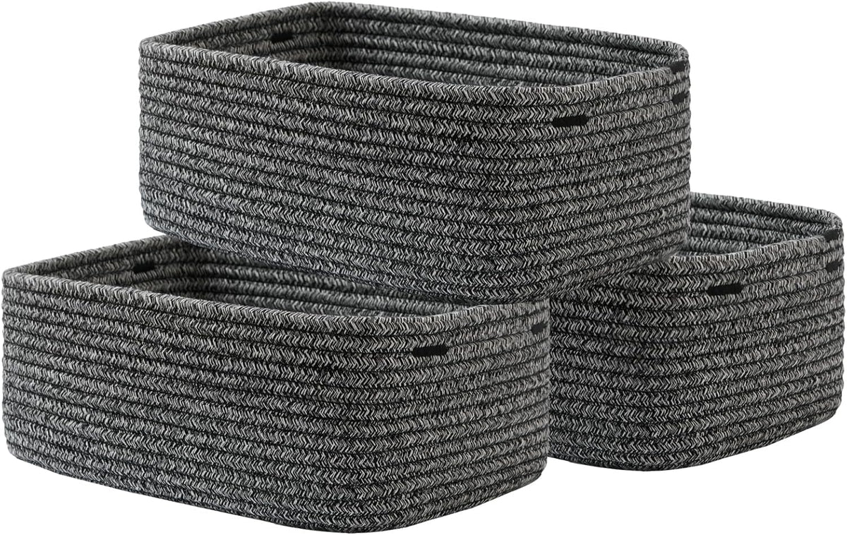 Small Woven Basket, 13.5 x 9.5 x 5 Inches, Storage Basket for Organizing, Cute Small Rope Shelf Closet Cube Storage Bins Baskets for Shelves, Dog Toy Gift Baskets Empty, 3 Pack Mixed Black