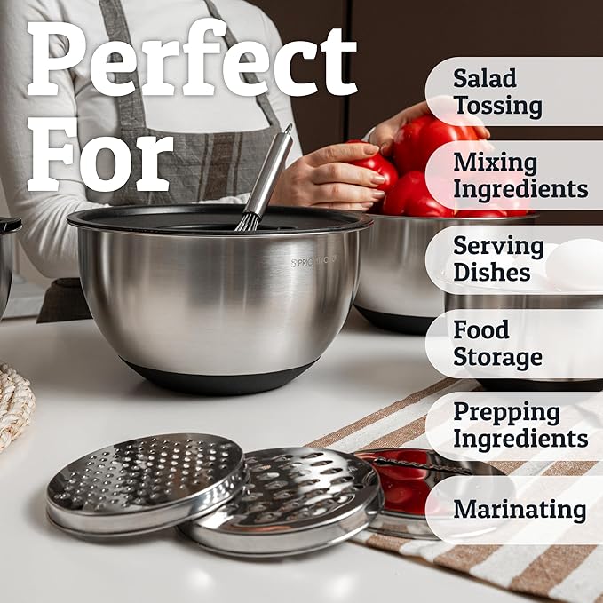 Priority Chef Stainless Steel Mixing Bowls with Lids Set, 3 Grater Attachments, Airtight Lids, Non-Slip Silicone Base Mixing Bowl Set, Large Prep Metal Mixing Bowls for Kitchen, Black
