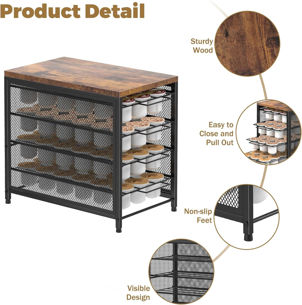 NANANARDOSO Coffee Pod Holder For Counter, 4 Tier Coffee Pod Drawer for Keurig Pod Storage Drawer Holder, 72 Capacity Pods Storage Organizer Cups Capsule with Sliding Baskets for Coffee Station