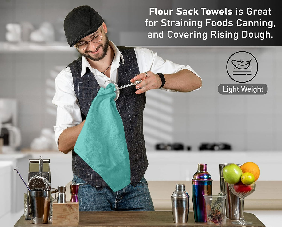 RUVANTI Flour Sack Towels 50 Pack 28x28 Inch, 100% Cotton Tea Towel, Reusable, Machine Washable, Absorbent BarTowels - Dish Cloth Perfect for Drying Dishes & Cleaning - Turquoise
