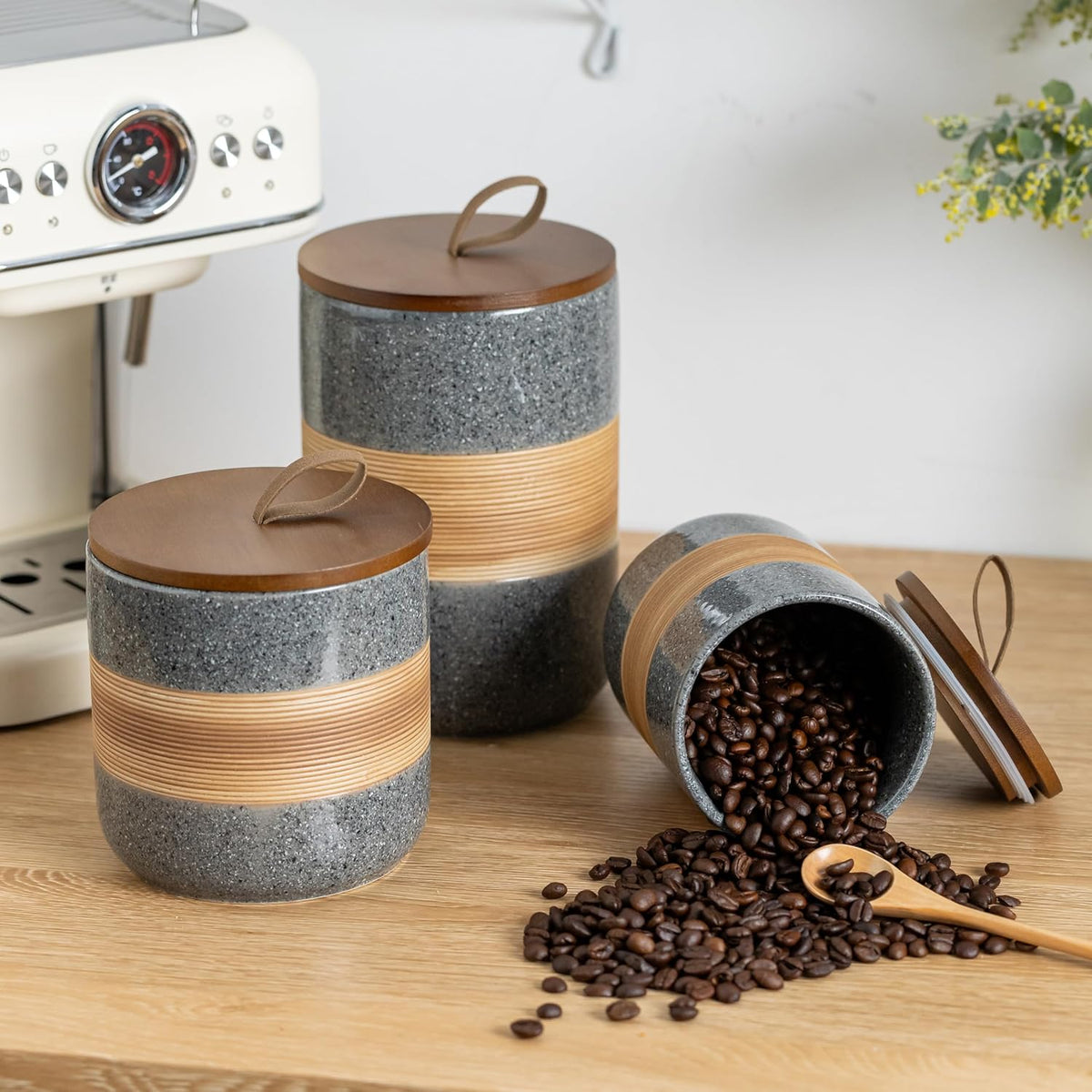 Airtight Coffee Storage Container Jar with Lid, Ceramic Kitchen Food Storage Jars for Spice Sugar Cookie, Coffee Bean Stackable Decorative Jars for Housewarming, Grey & 28oz