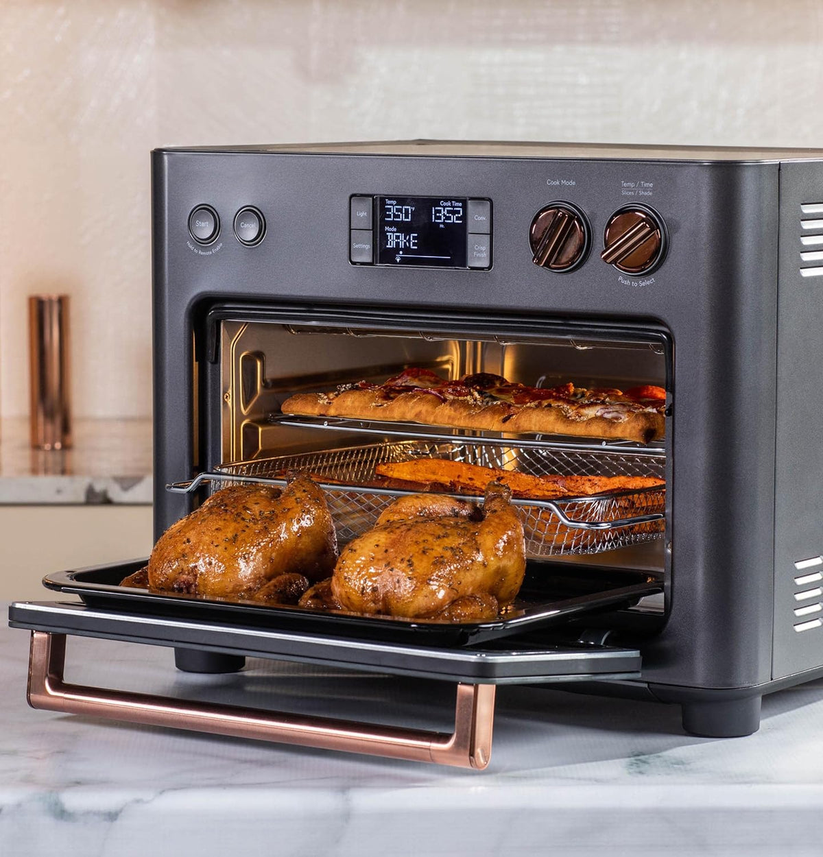 Café Couture Oven with 14 essential cooking modes, including Air Fry, CrispFinish, Bake, Broil, Roast, Toast, Pizza, WiFi & Smart Connected, Voice Control, Countertop Small Appliances, Matte Black
