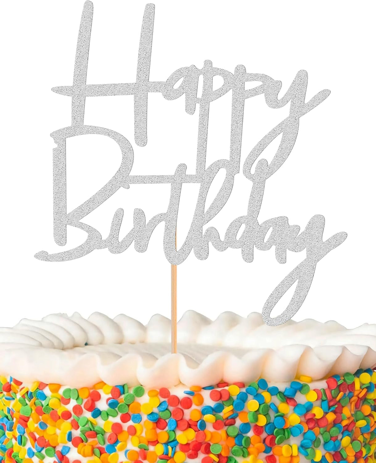 Happy Birthday Cake Topper - Glitter Silver Birthday Cake Top Decorations (Silver)