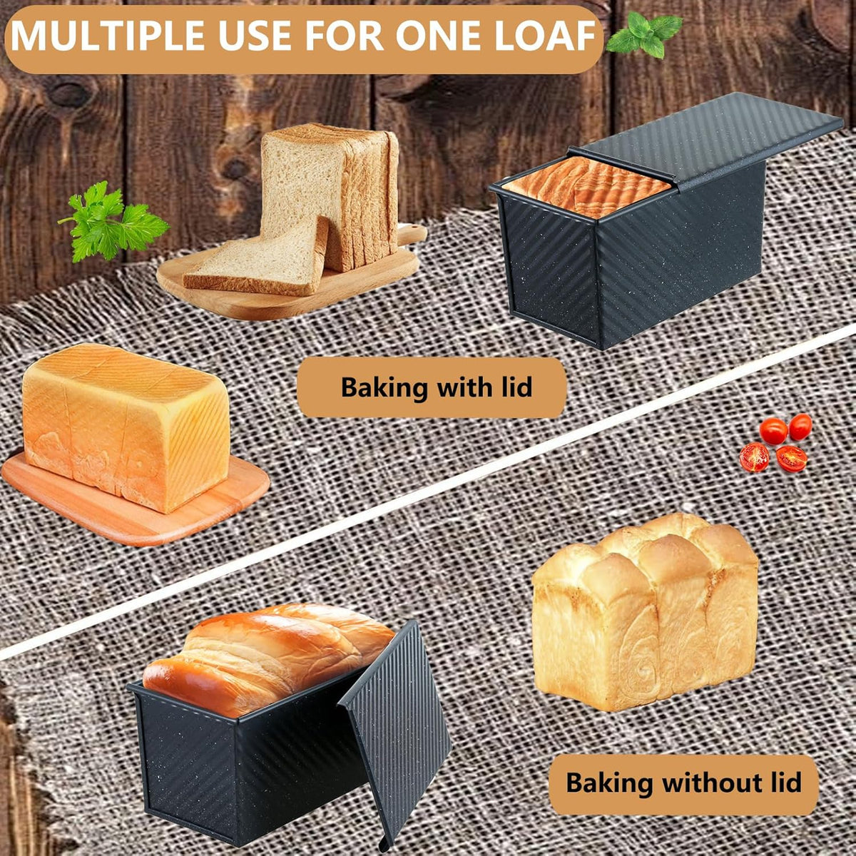SS&CC Pullman Loaf Pan with Lid 2-Pack, 2.2lb & 1lb Carbon Steel Bread Pan for Homemade Sourdough & Sandwich Bread | Nonstick Bakeware, Heavy Duty & Easy Clean (Black, 1lb+2.2lb)
