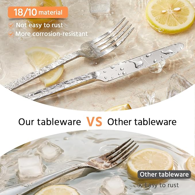 KINGSTONE 60 Pcs Hammered Silverware Set for 12, 18/10 Stainless Steel Heavy Duty Flatware Set, Tableware Cutlery Utensil Sets for Home Restaurant Dishwasher Safe