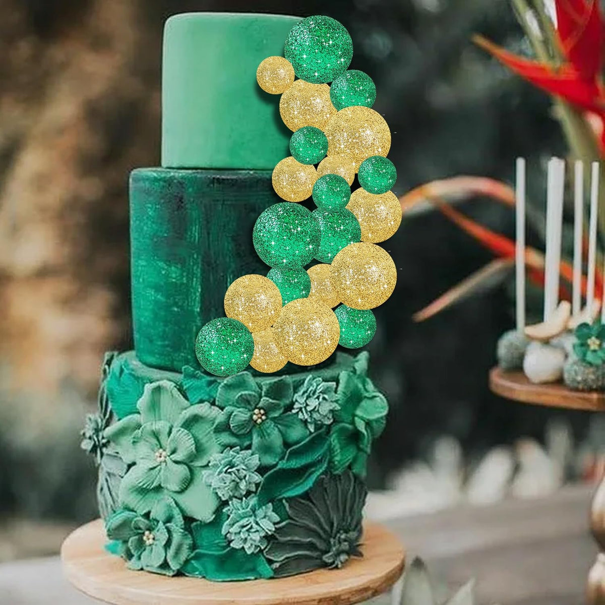 BEISHIDA 40 Pcs Ball Cake Toppers Mini Balls Cake Decorations Green Gold Foam Balls Sticks DIY Cake Topper for Baking Congrats Grade 2025 Graduation Birthday St Patrick's Day Decorations (Green Gold)