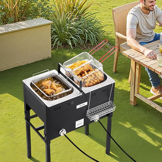 VEVOR Outdoor Propane Deep Fryer, Dual-Tank 16QTx2 Large Capacity Commercial Fryer, Stainless Steel Fish Cooker with 3 Basket, Thermometer, Floor Standing Fryers for Catering Event Camping, 50,000 BTU