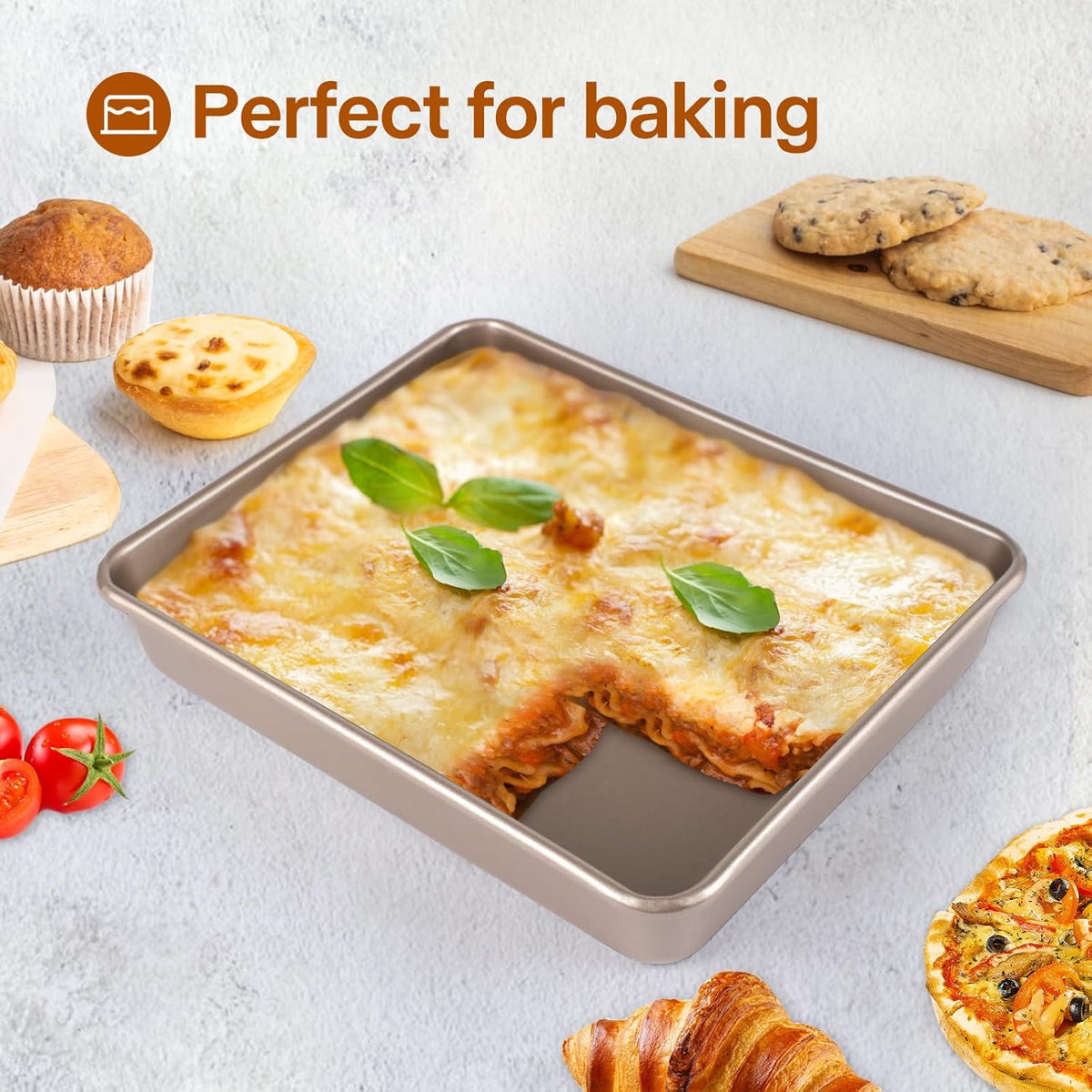 Deep Baking Pans Set, 3-Pieces Rectangle Cake Pan, Nonstick Roasting Pans Set for Thanksgiving Christmas, 9/11/13 Inch, Toaster Oven Tray Bakeware Set, Lasagna Pan Deep Size, Heavy Duty, Gold