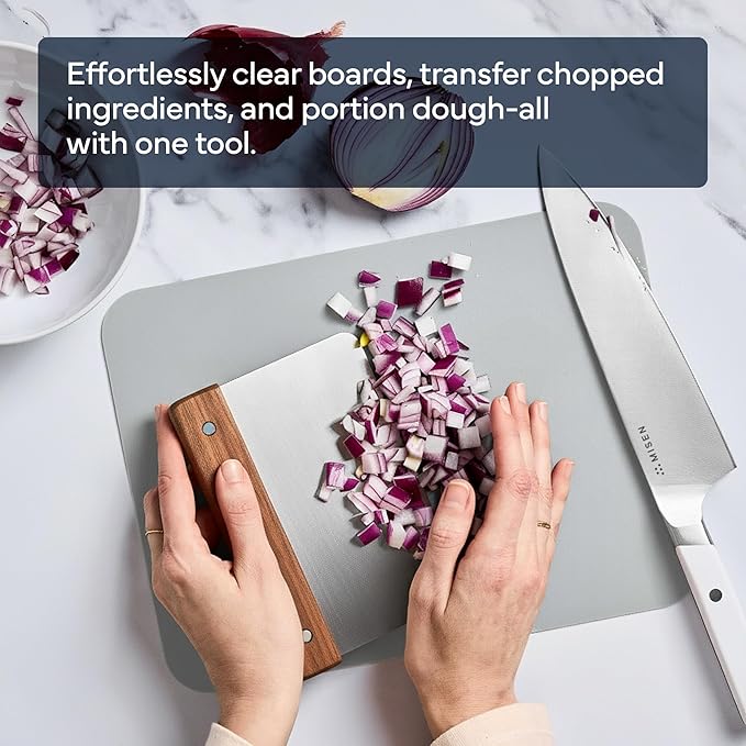 Misen Stainless Steel Bench Scraper - Versatile Food Scraper with Walnut Handle - Ideal for Kitchen, Pastry & Dough - Durable Cutting Board Scraper Tool - Effortless Transfer into Pots & Pans -Walnut