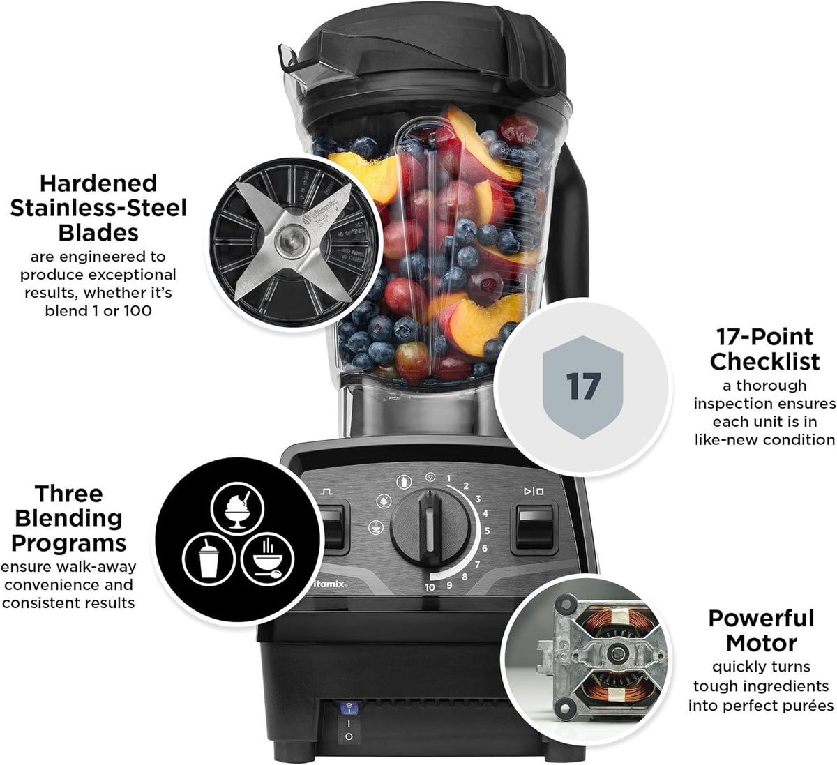 Vitamix Explorian Professional Grade Blender, 3 Presets: Smoothie, Frozen Dessert and Hot Soup, 64oz Pitcher, Black (Renewed Premium)