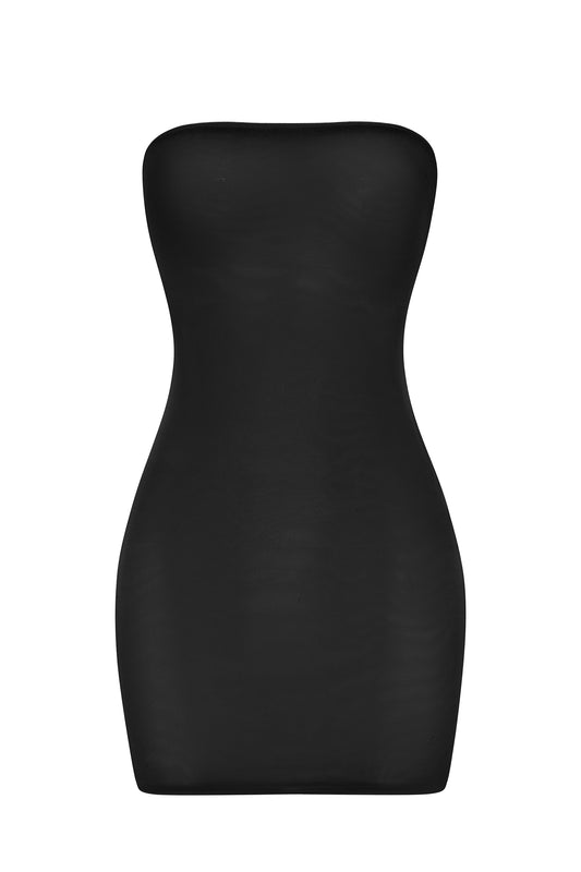 Soft Sheer-Mesh Bandeau Mini Slip Dress in Black