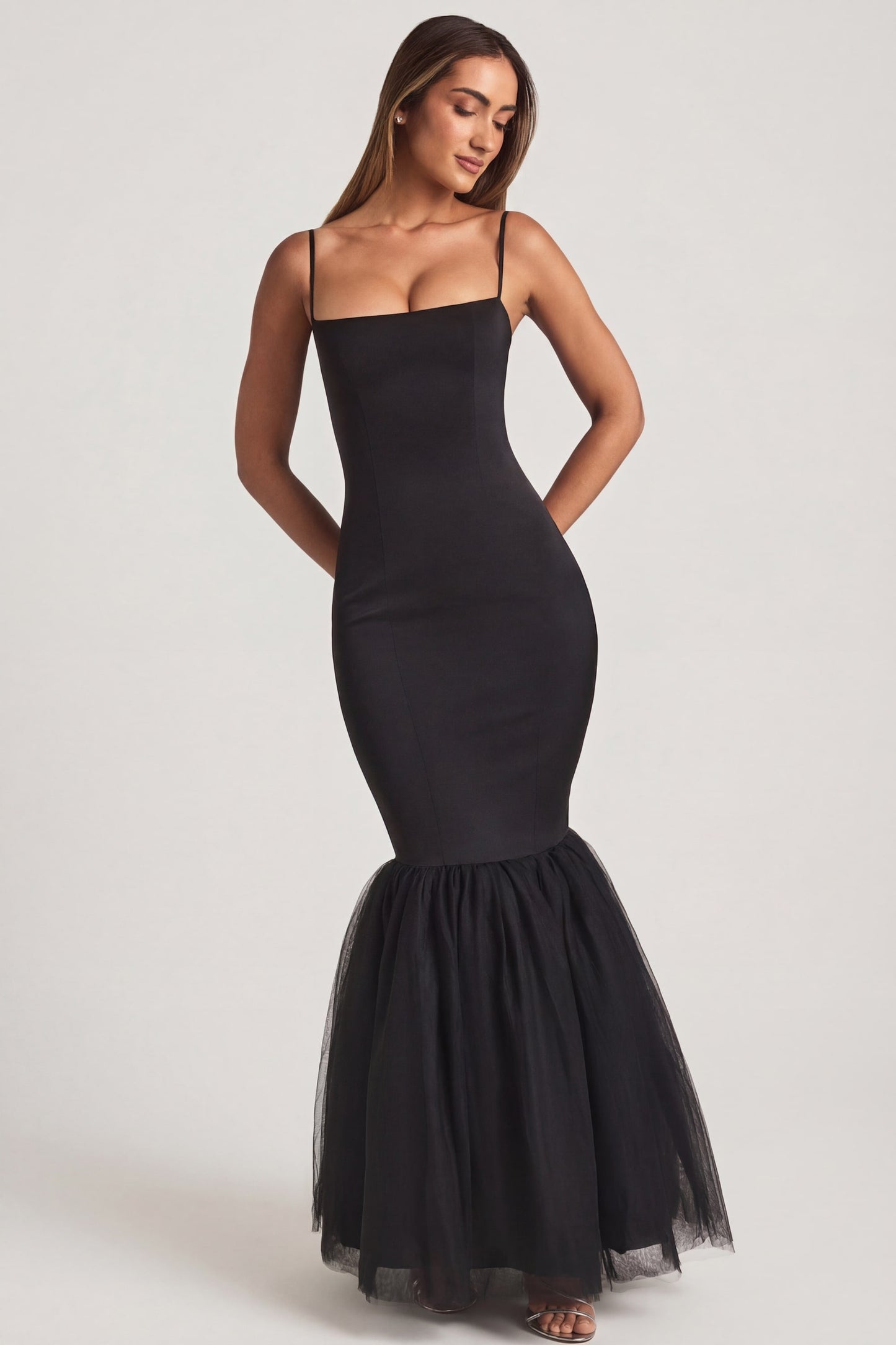 Tulle Hem Fishtail Gown in Black