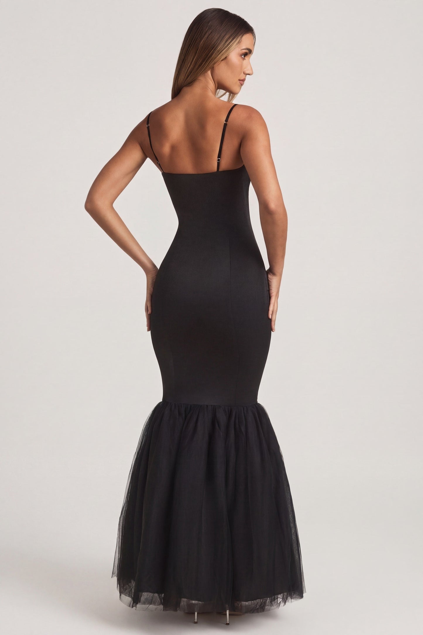 Tulle Hem Fishtail Gown in Black