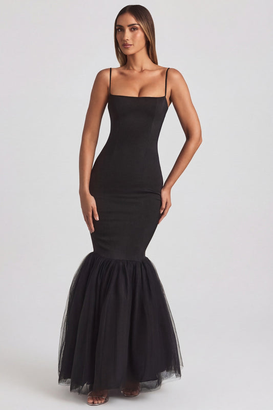 Tulle Hem Fishtail Gown in Black