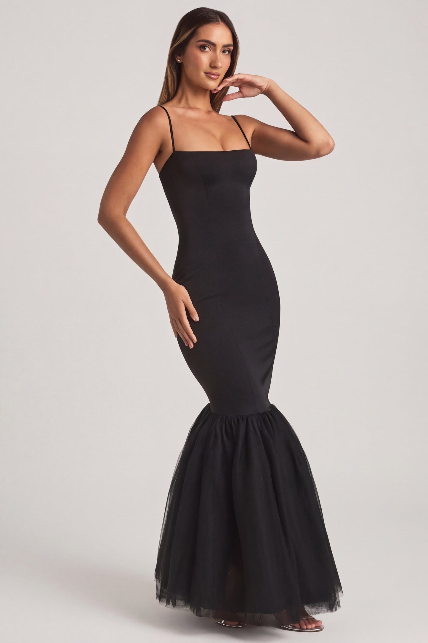Tulle Hem Fishtail Gown in Black