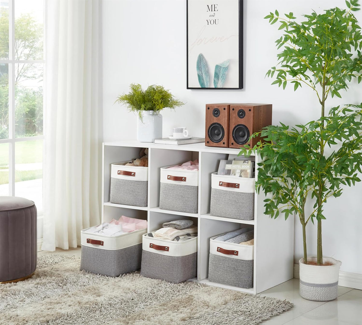 DECOMOMO Storage Baskets for Shelves - Fabric Storage Bins, Linen Closet Organizers and Storage (Grey & White, XL - 3 Pack)