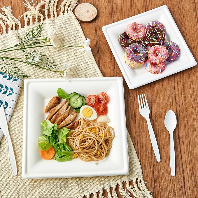 ECOLipak 10 Inch Square Paper Plates, 300 Pack Compostable Heavy Duty Biodegradable Paper Plates, Made from Sugarcane, Eco Friendly White Disposable Plates for Party, Dinner