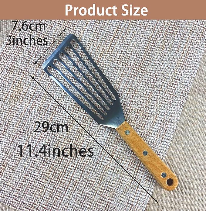 Fish Spatula Set for Nonstick Cookware Flexible Metal Fish Spatula Stainless Steel Small Fish Slotted Spatula Turner with Wood Handle