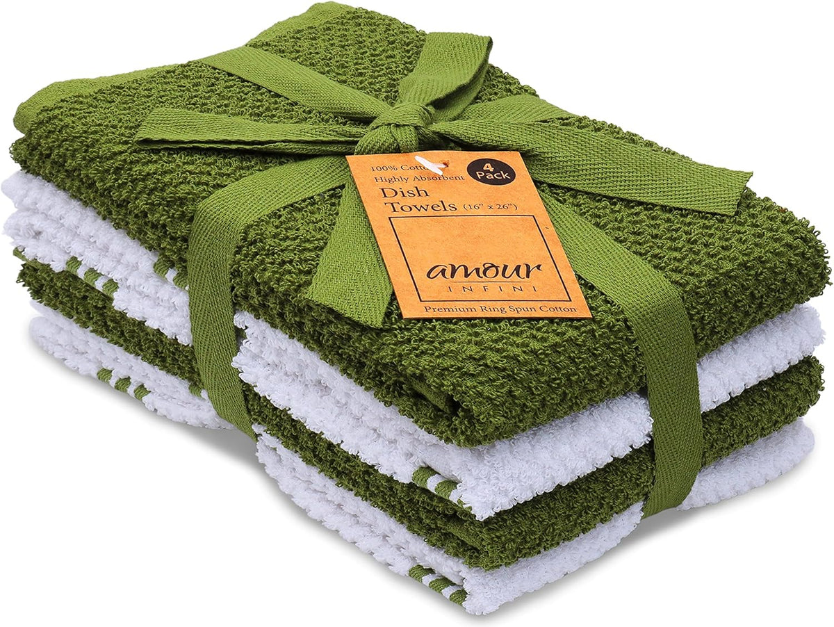 AMOUR INFINI Kitchen Towels Pack of 4 - Absorbent, Quick Drying Premium Cotton Tea Towel - Kitchen Linens 16x28 Inch Dish Towels with Hanging Loop (Green)
