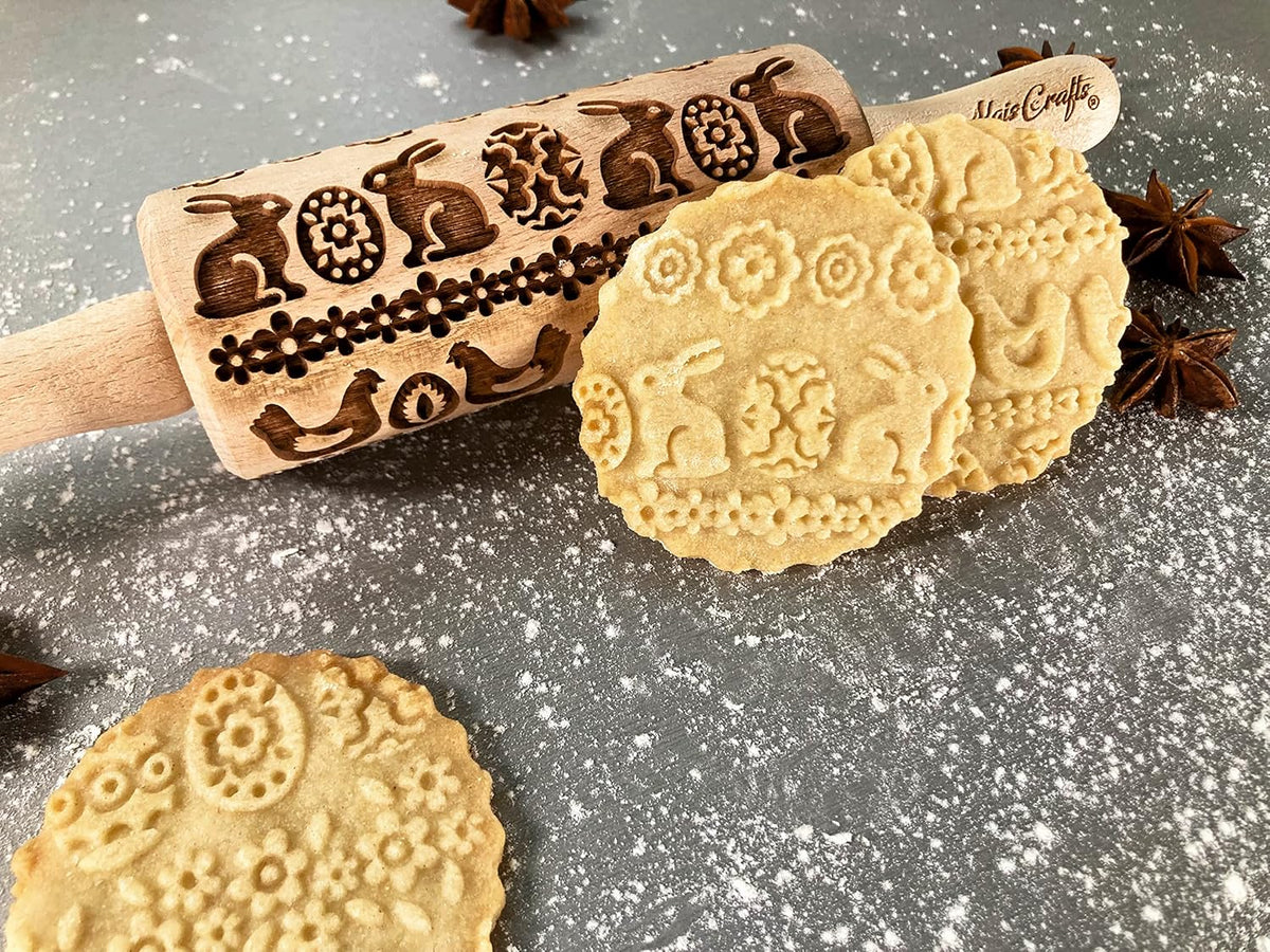 EASTER 3 Mini Embossed Rolling Pin Set. Wooden Laser Cut Embossing Rolling Pins for Embossed Cookies. Easter, Rabbit, Egg, Chicken, Spring, Flowers from Algis Crafts