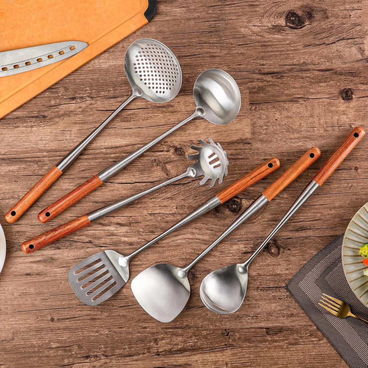 FJNATINH 304 Stainless Steel Kitchen Utensil Sets-6 PCS Wok Spatula Sets Cooking Utensil Tools Spatula, Soup Ladle, Skimmer, Slotted Spatulas Tunner, Spaghetti Spoon