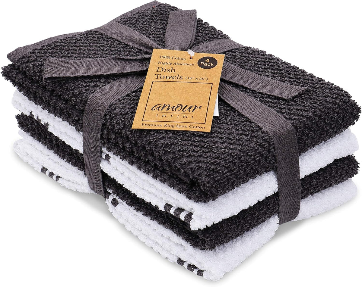 AMOUR INFINI Kitchen Towels Pack of 4 - Absorbent, Quick Drying Premium Cotton Tea Towel - Kitchen Linens 16x28 Inch Dish Towels with Hanging Loop (D.Grey)