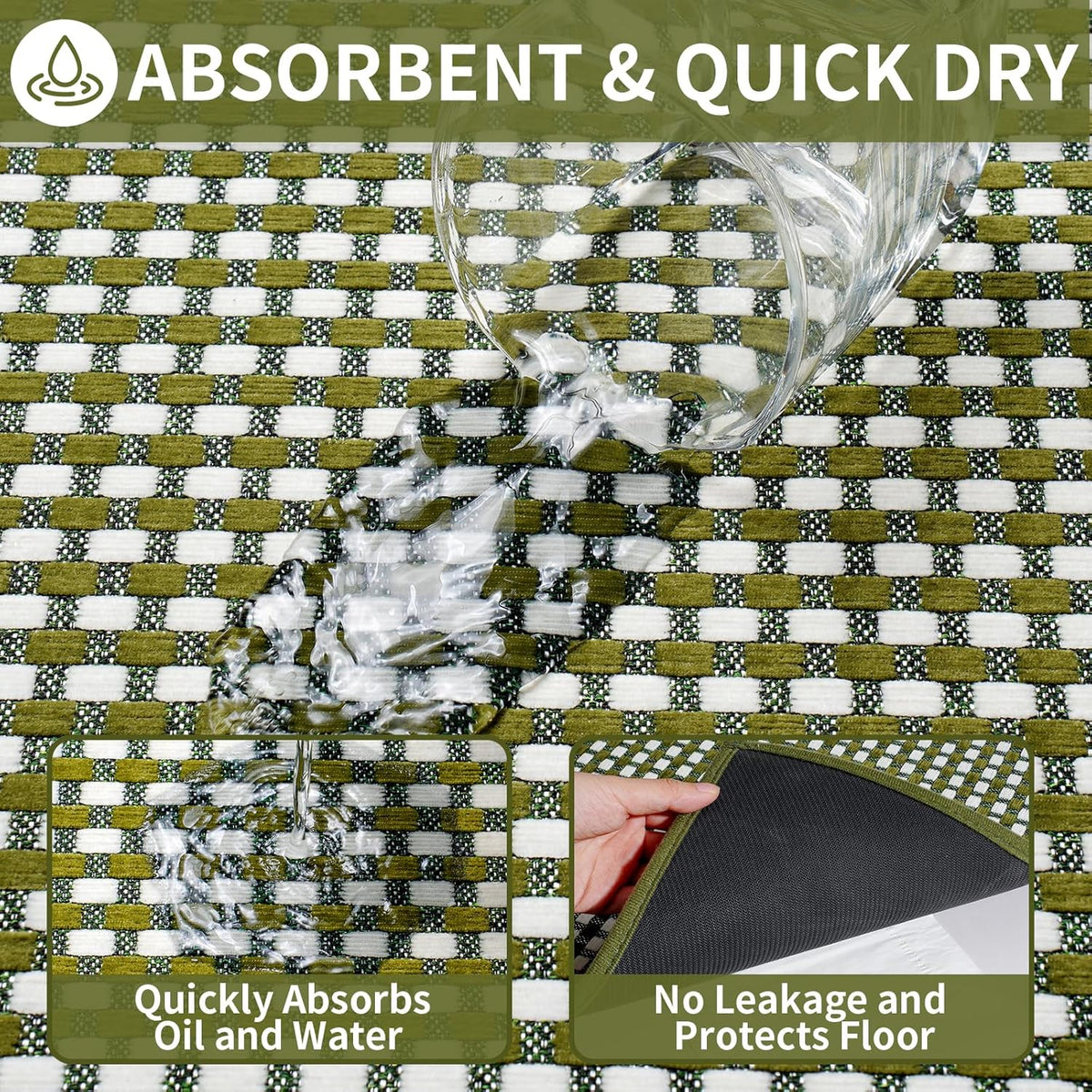 Kitchen Mats for Floor, Super Absorbent Kitchen Rugs Non Slip Washable, Rubber Backing Soft Chenille Braided Kitchen Runner Rug Standing Mat Sink Mat, Easy to Clean, Green 17"x28"
