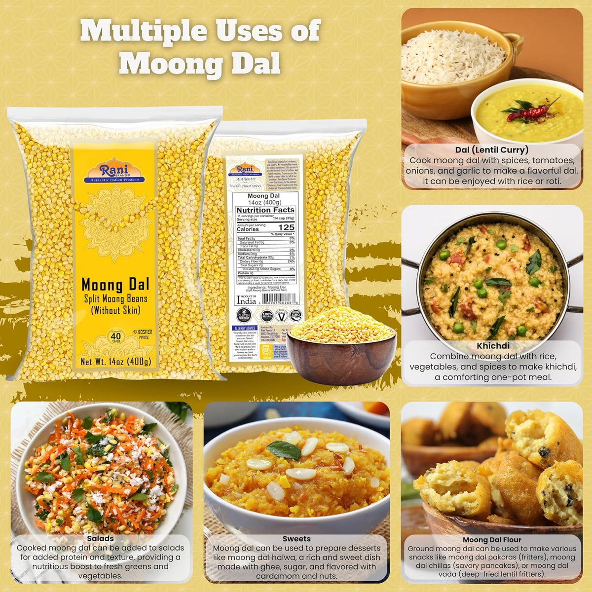 Rani Moong Dal (Split Mung Beans Without Skin) Lentils Indian 14oz (400g) ~ All Natural | Gluten Friendly | Non-GMO | Kosher | Vegan | Indian Origin