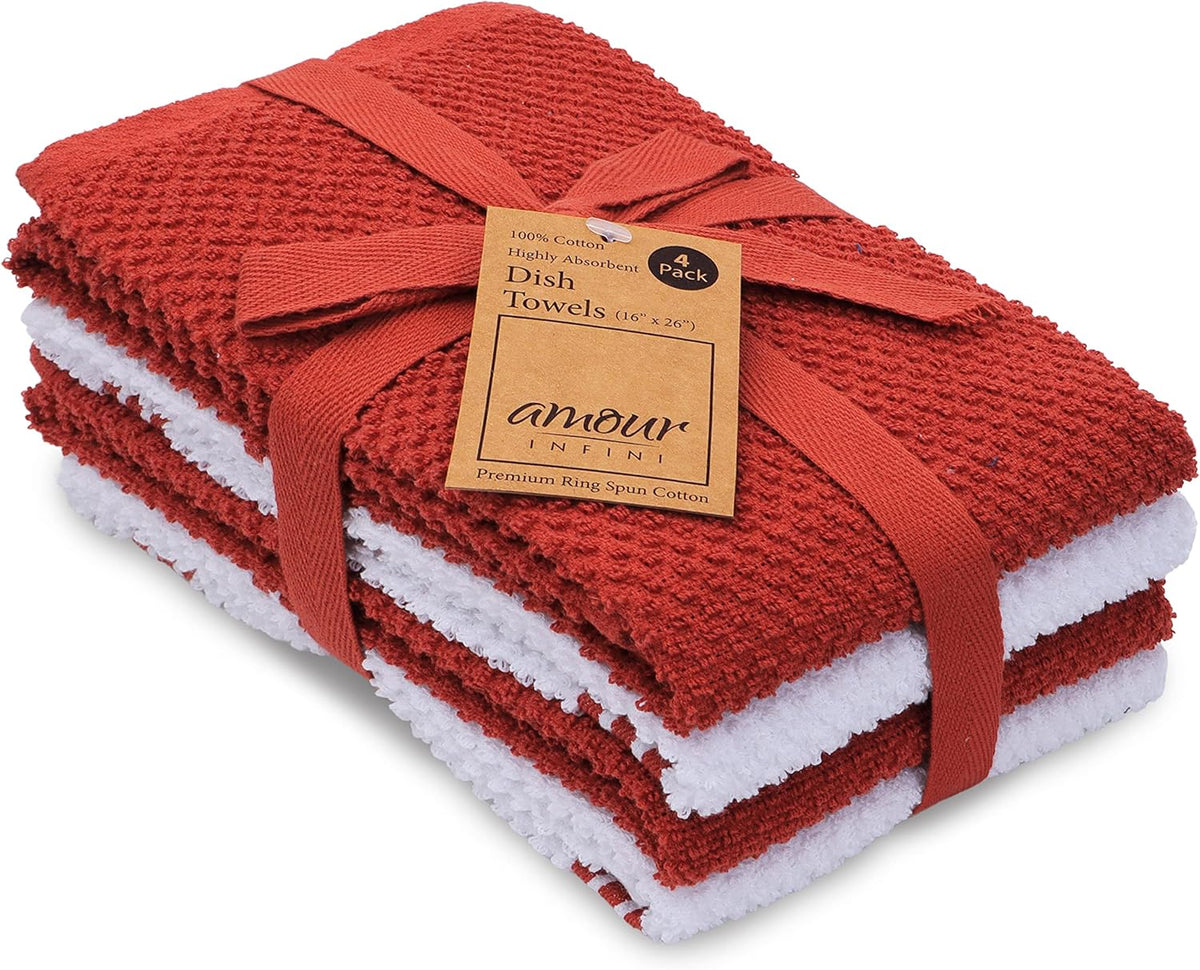 AMOUR INFINI Kitchen Towels Pack of 4 - Absorbent, Quick Drying Premium Cotton Tea Towel - Kitchen Linens 16x28 Inch Dish Towels with Hanging Loop (Rust)