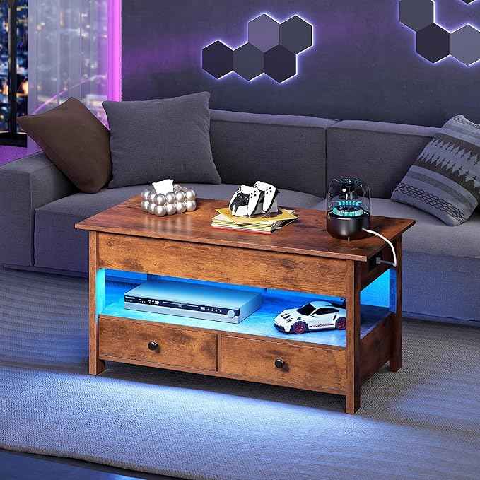 WLIVE Coffee Table, Lift Top Coffee Table with Drawers, LED Light, Large Storage and Open Shelf, Lift Tabletop for Living Room, Rustic Brown