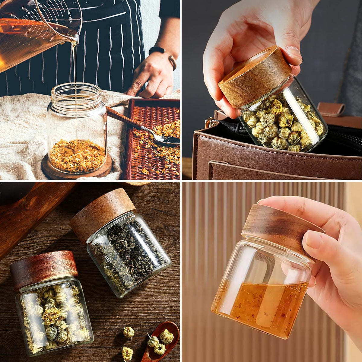 12 oz/350 ml Clear Glass Storage Canister with Airtight Wooden Lid, 4 Pack Small Overnight Oats Containers, Cute Decorative Salad Jar for Snacks Yogurt Spice Sugar Cereal Fruit Coffee Tea