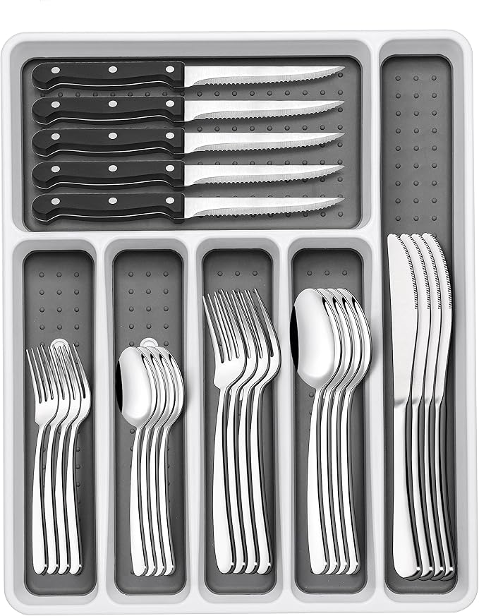 49-Piece Silverware Set with Organizer, Heavy Duty Stainless Steel Flatware Set for 8, Cutlery Utensil Sets with Steak Knives, Rust-proof, Mirror Polished, Dishwasher Safe, Heavy Duty