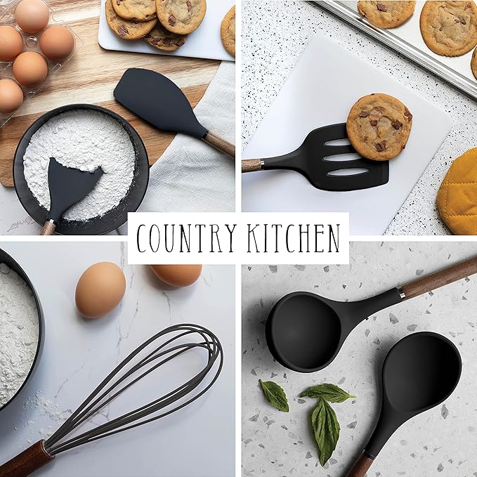 Country Kitchen Non Stick Silicone Utensil Set with Rounded Wood Handles for Cooking and Baking, 8 Piece Set, Black