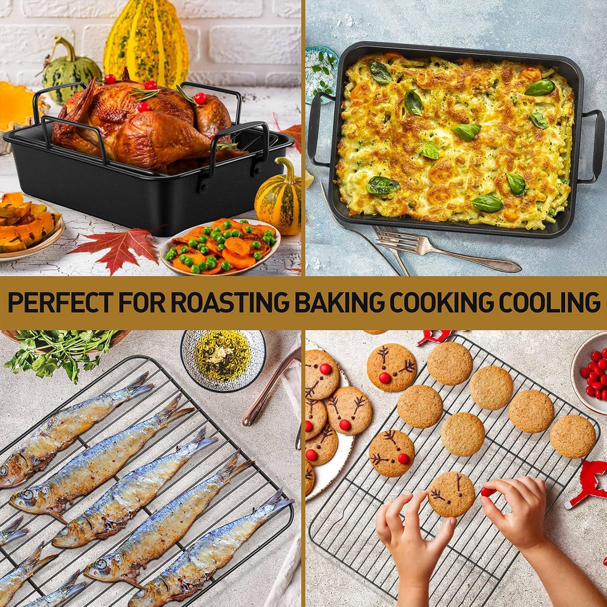 P&P CHEF 16" Roaster Roasting Pan with Baking Rack and V-shaped Rack, Stainless Steel Rectangular Lasagna Pan with Handles for Turkey Chicken, Healthy & Dishwasher Safe, 3 Pieces, Black